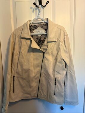 Cleo Cream Asymmetrical Zip Faux Leather Jacket